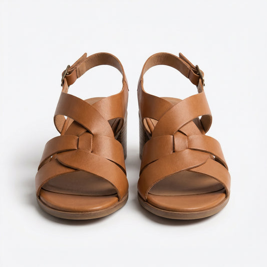 Serena | Women Summer Tan Block Heel Woven Sandal